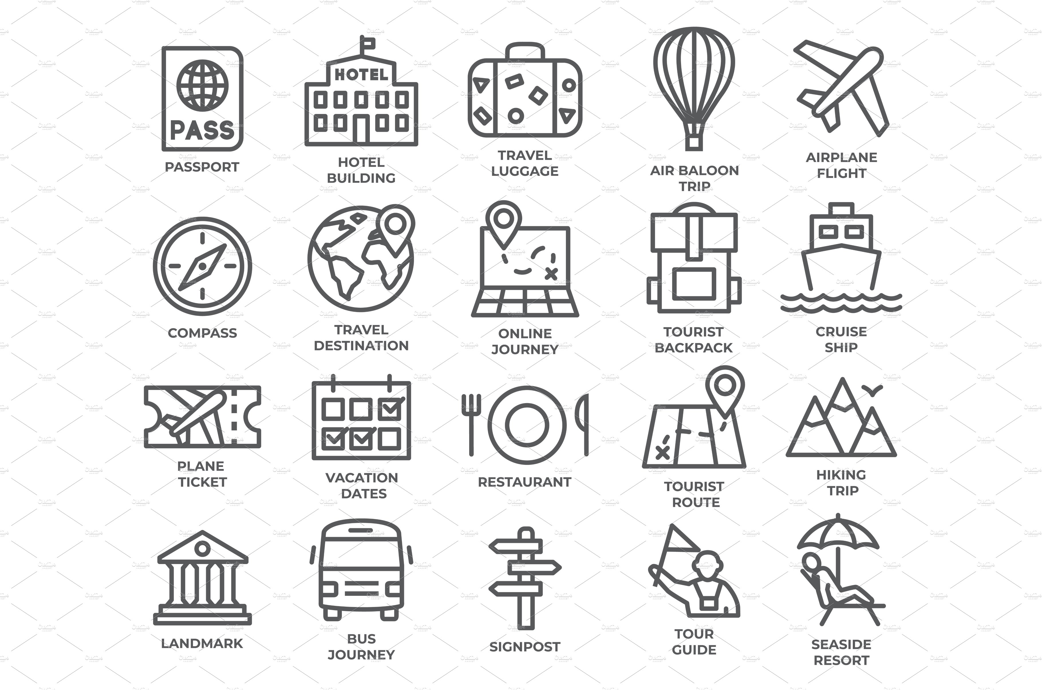 Tourism and travel line icons set on cover image.