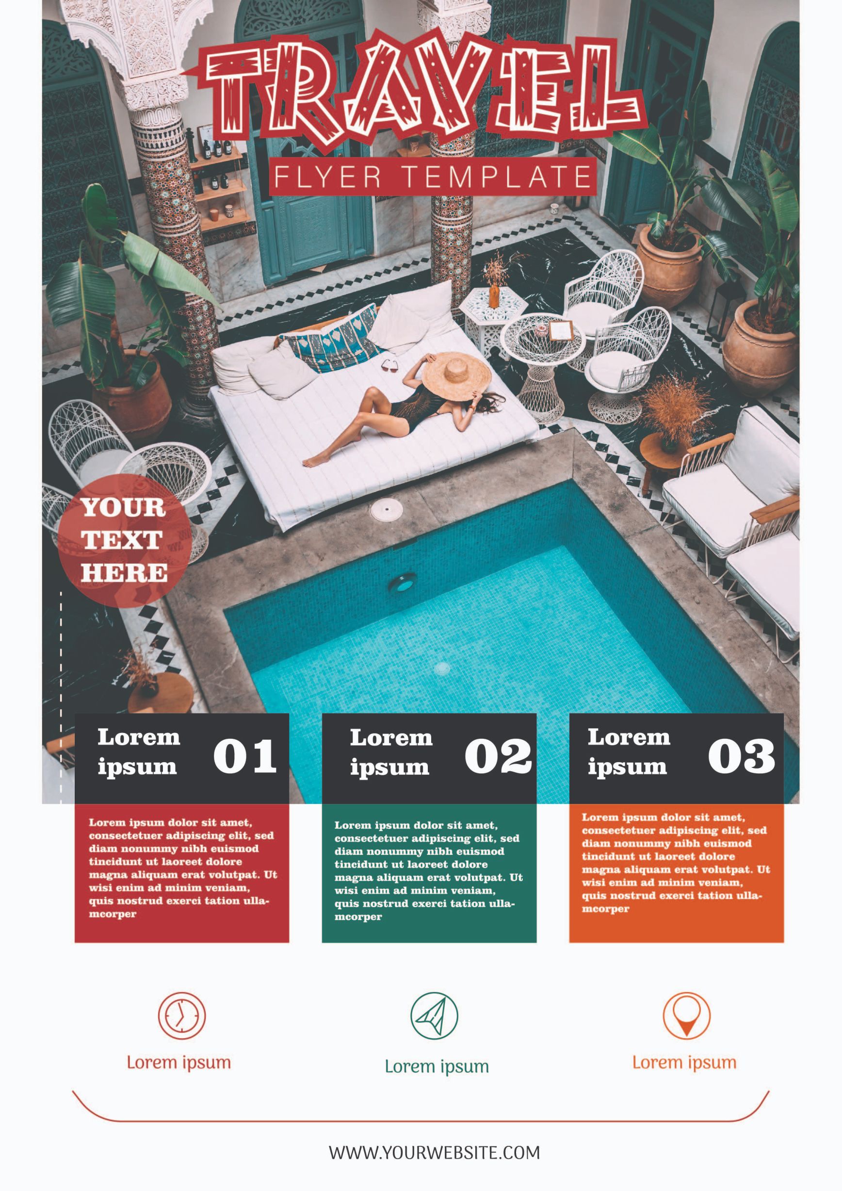 Flyer for a travel event with a pool.