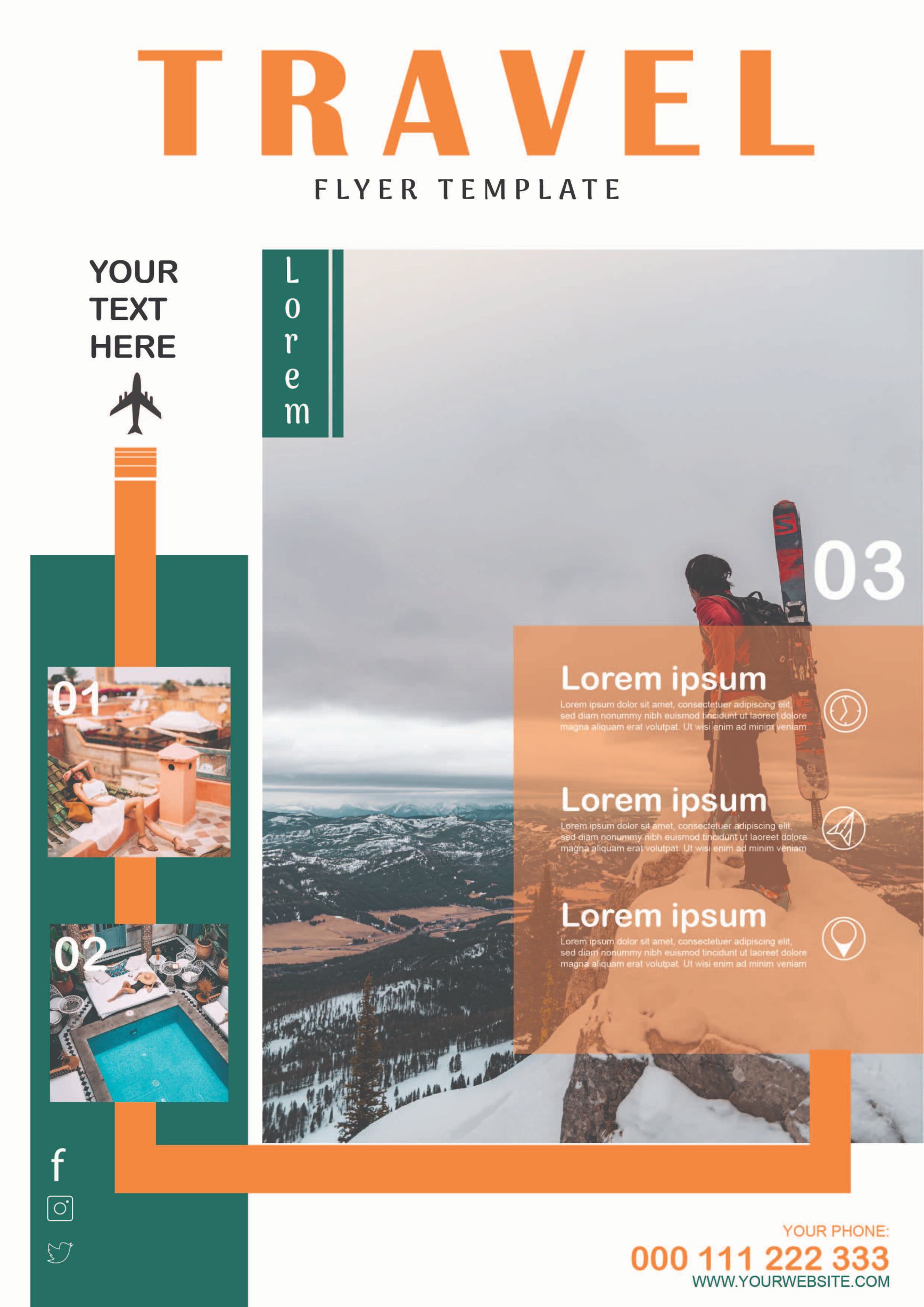 Travel brochure with a skier on top of a mountain.