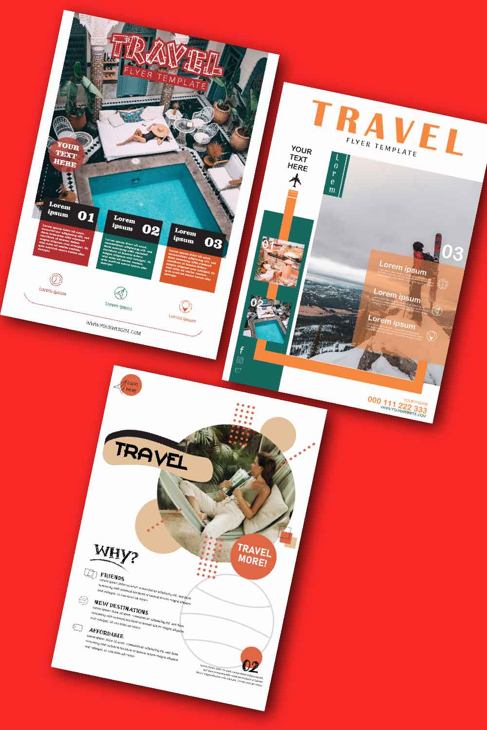 Three travel brochures on a red background.