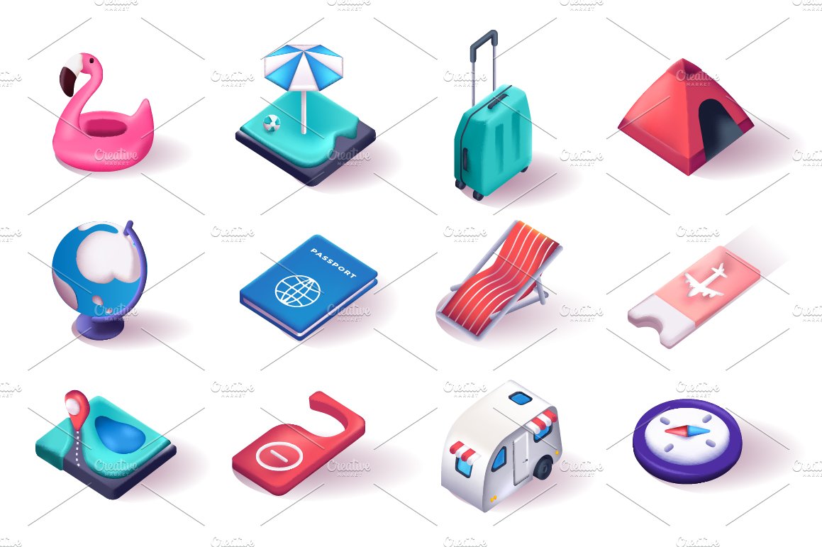 Travel Vacation 3D Isometric Icons cover image.