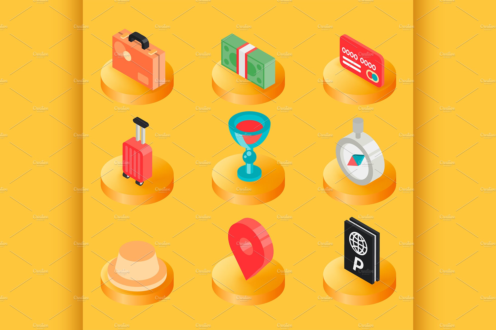 Traveling color isometric icons cover image.
