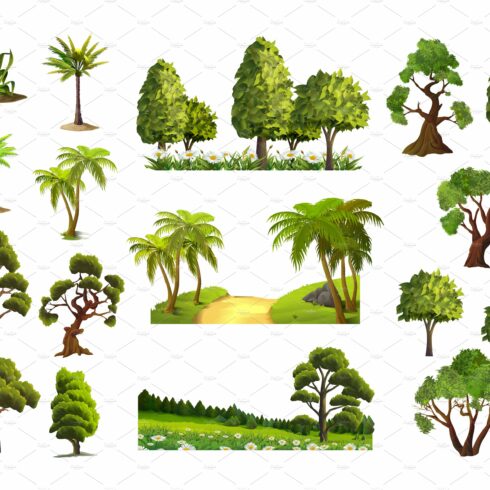 Trees, nature, forest, vector set cover image.
