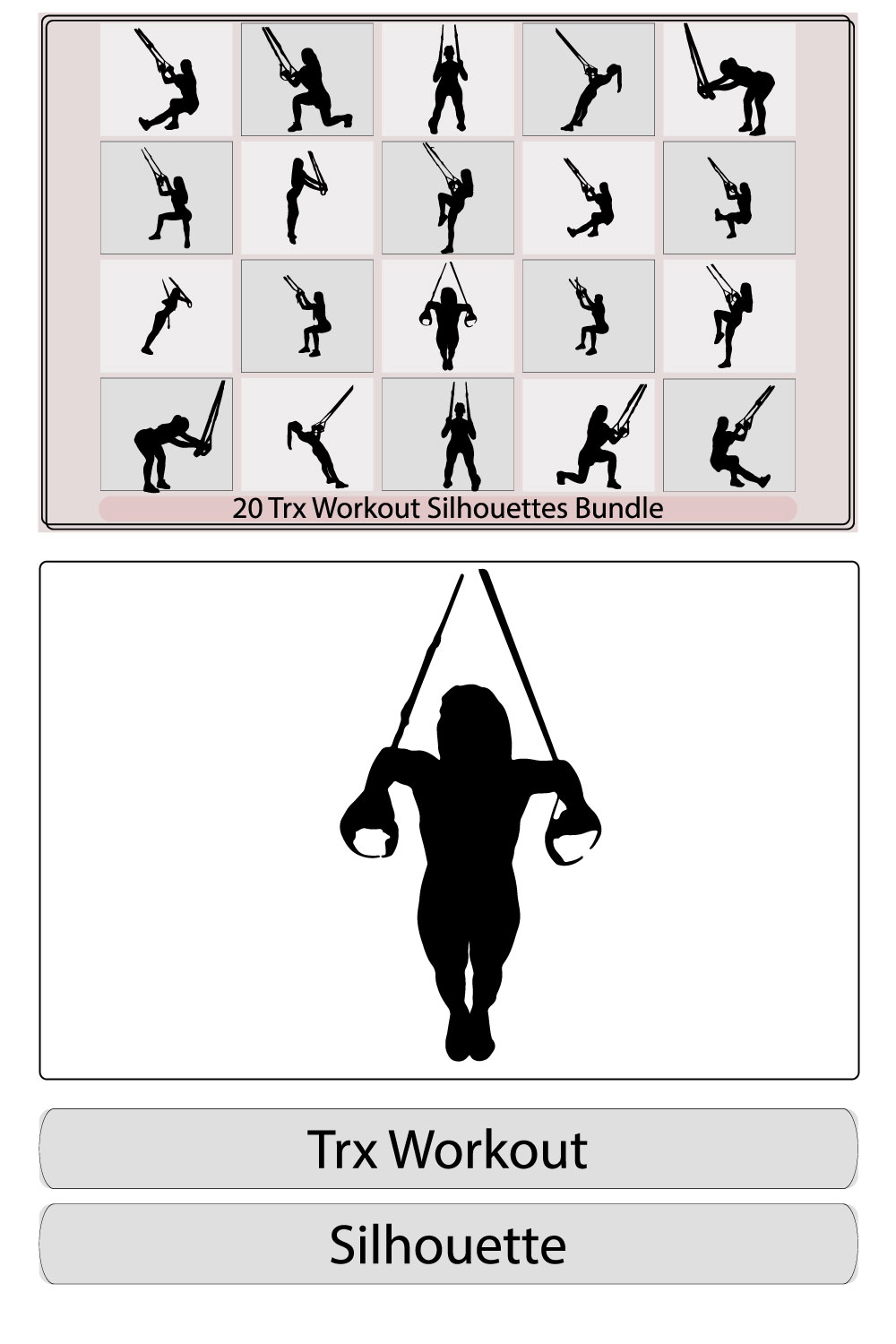 Silhouettes of men and women doing TRX exercises,Man workout using resistance band flat vector illustration,suspension training system TRX, vector illustration pinterest preview image.