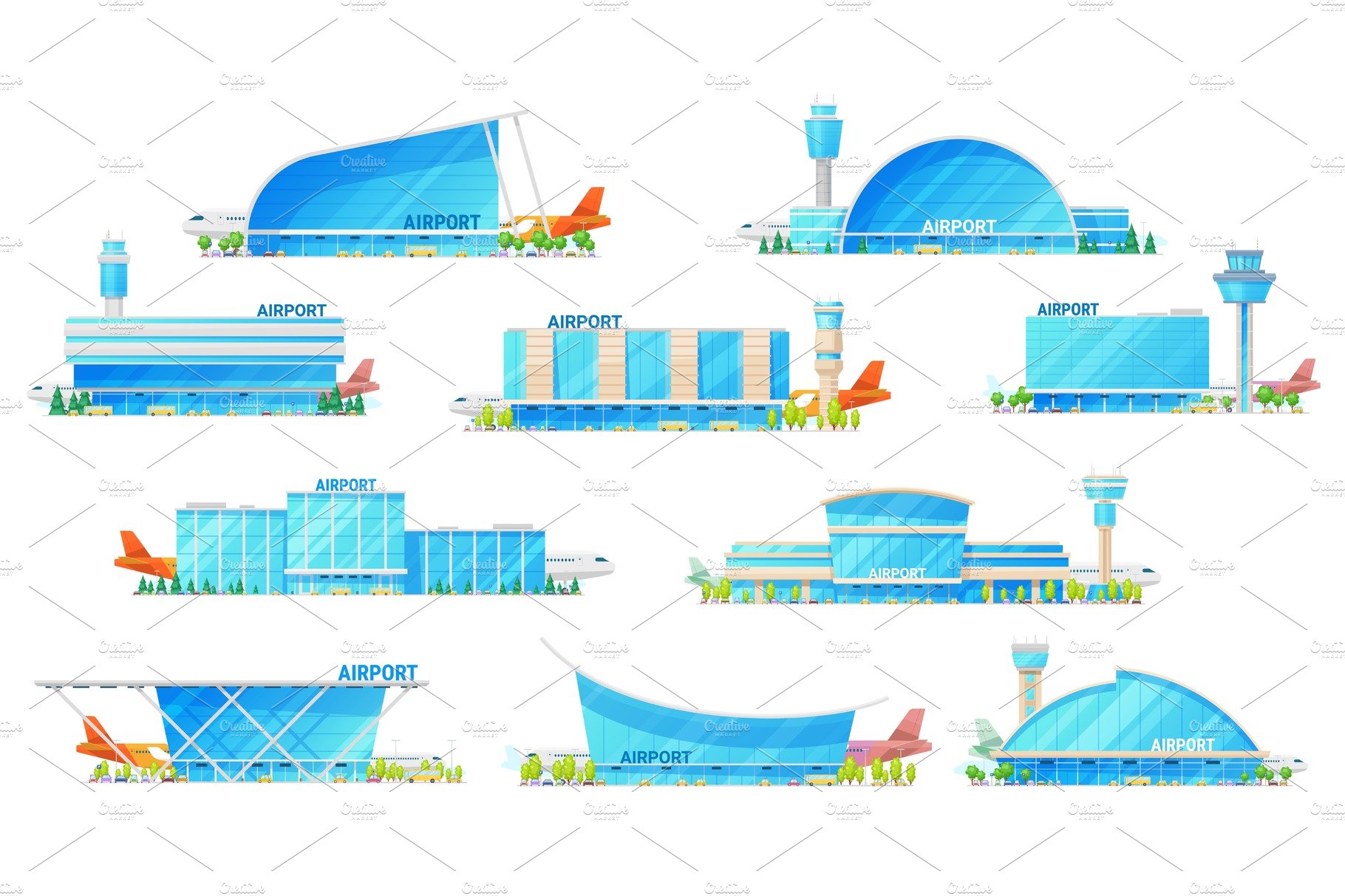 Airport terminal building icons cover image.