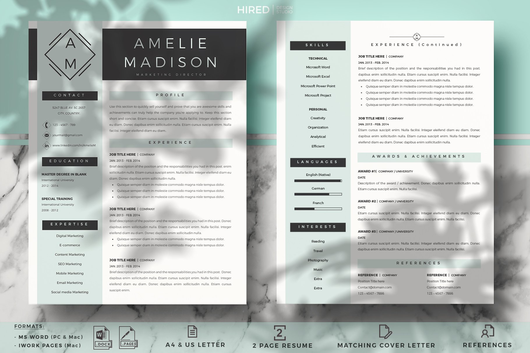Marketing Resume CV for Word & Pages preview image.