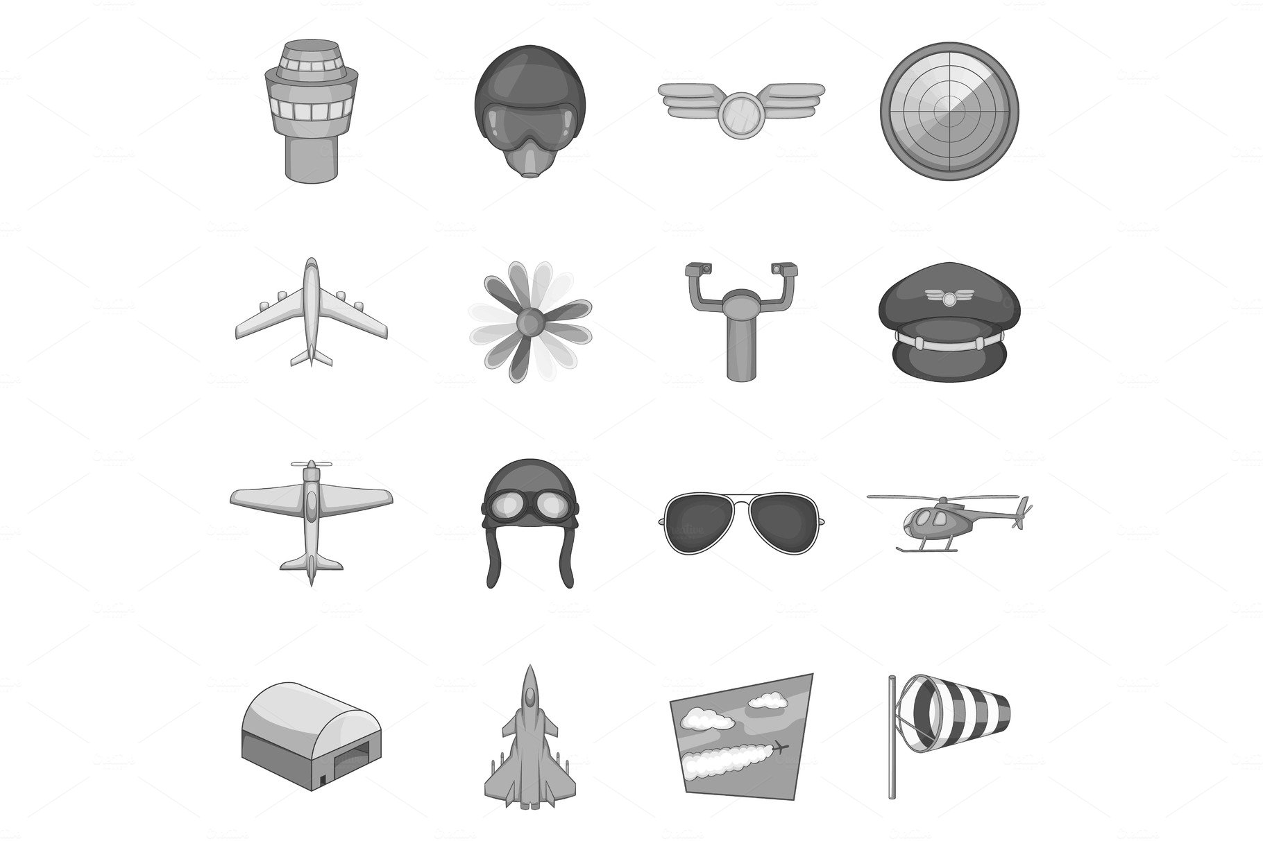 Aviation icons set, monochrome style cover image.