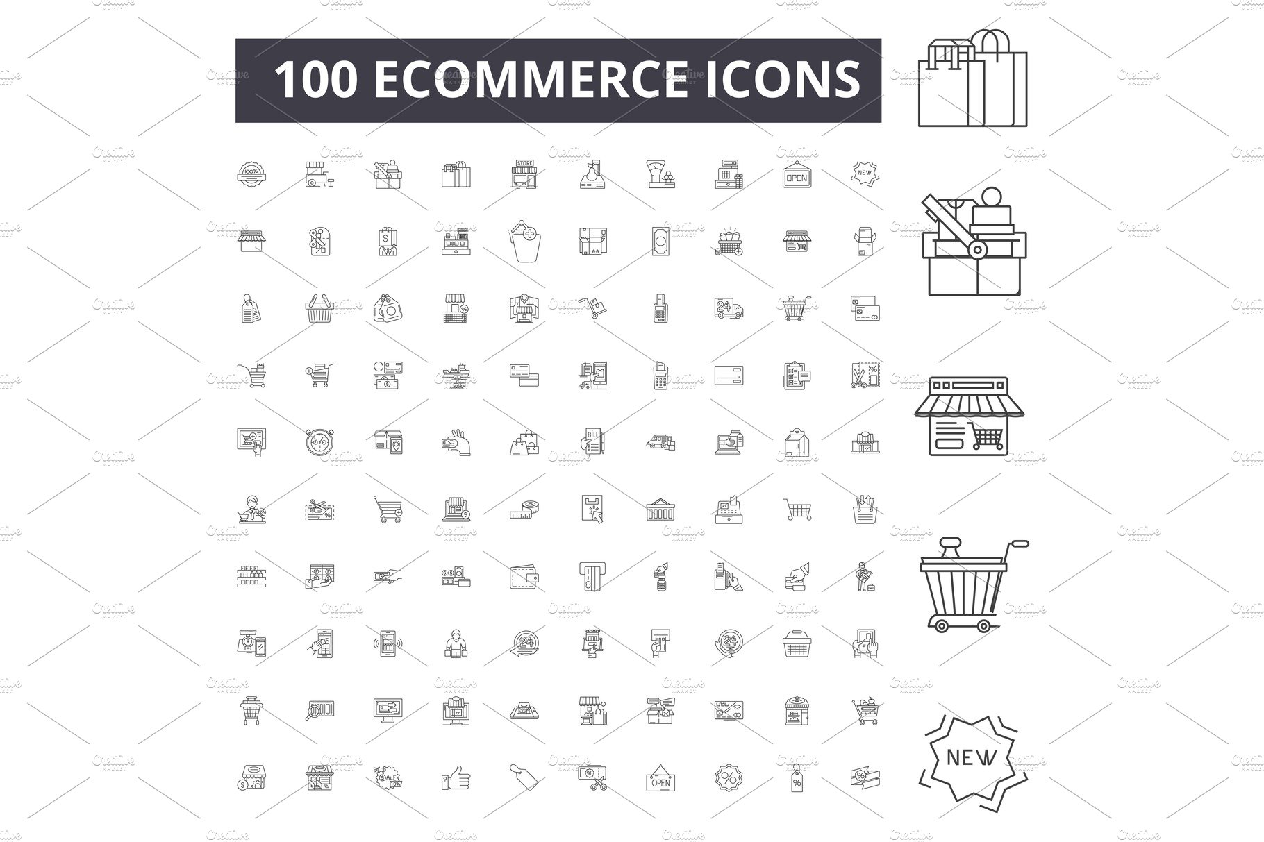 Ecommerce line icons, signs, vector cover image.