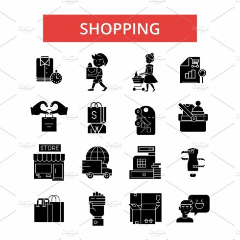 Shopping illustration, thin line icons, linear flat signs, vector symbols, ... cover image.