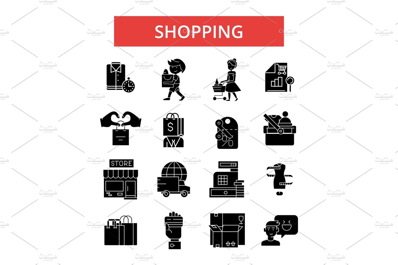 Shopping illustration, thin line icons, linear flat signs, vector symbols, ... cover image.