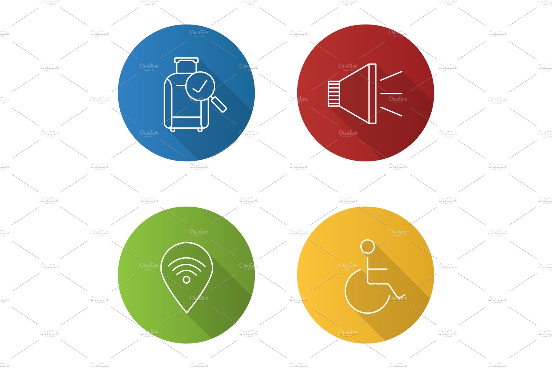 Airport service flat linear long shadow icons set cover image.