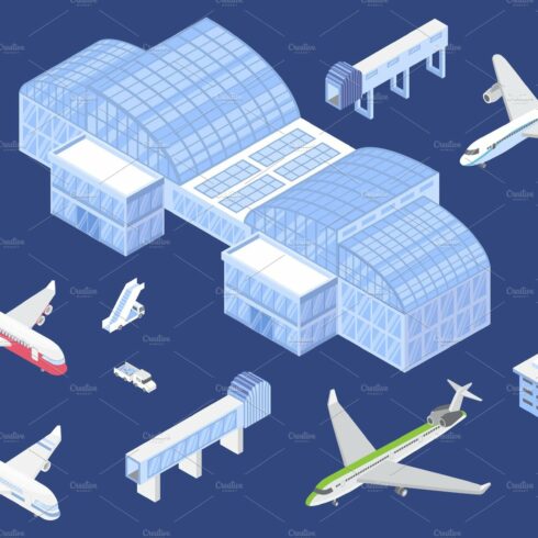 Airport isometric icons set, vector cover image.
