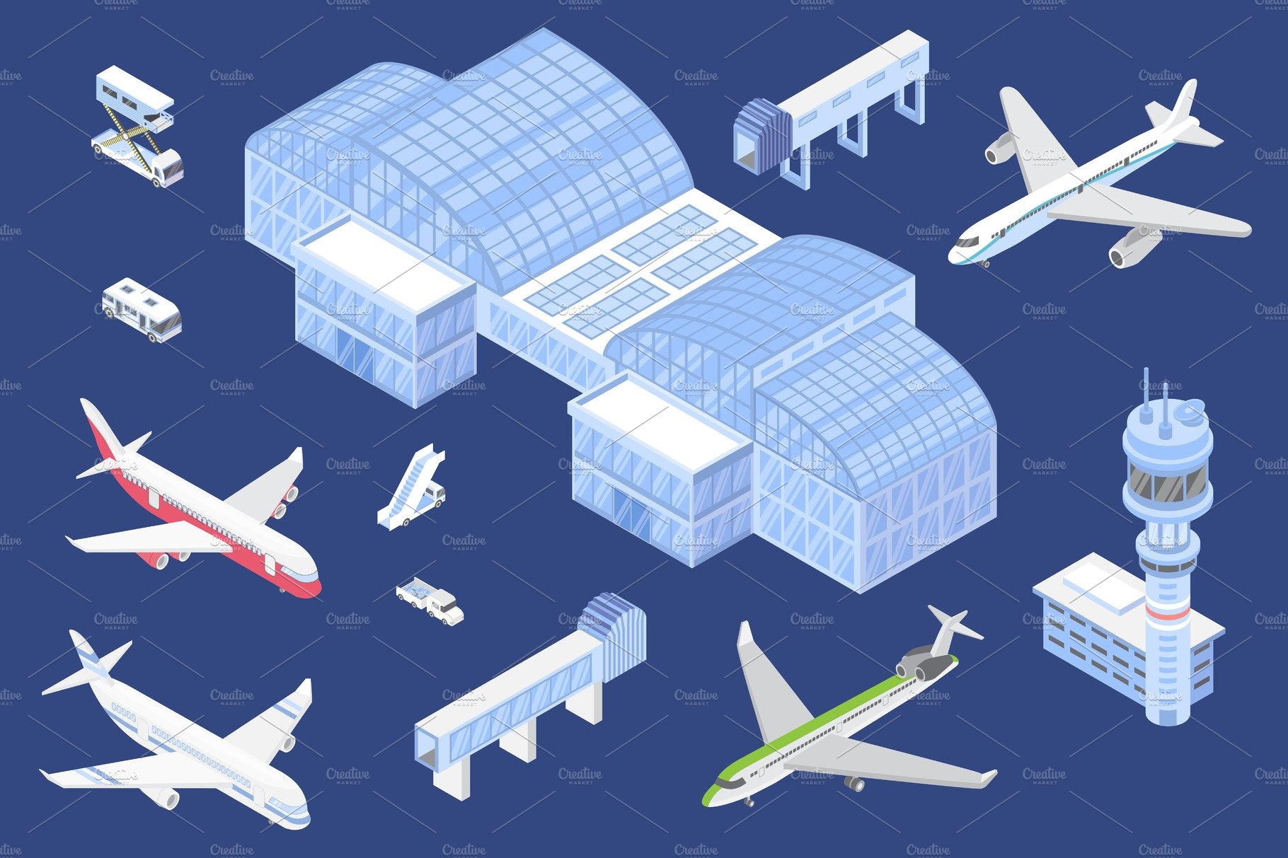 Airport isometric icons set, vector cover image.