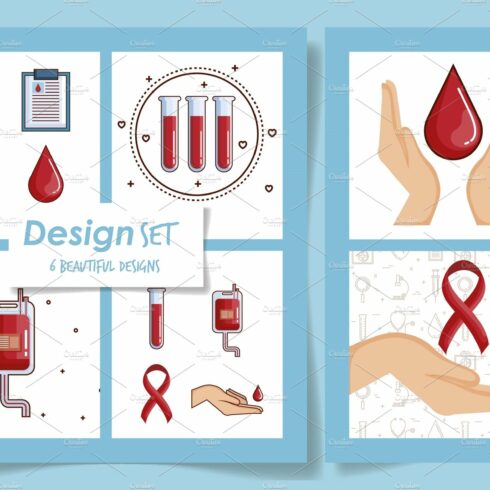 six designs of blood donation and cover image.