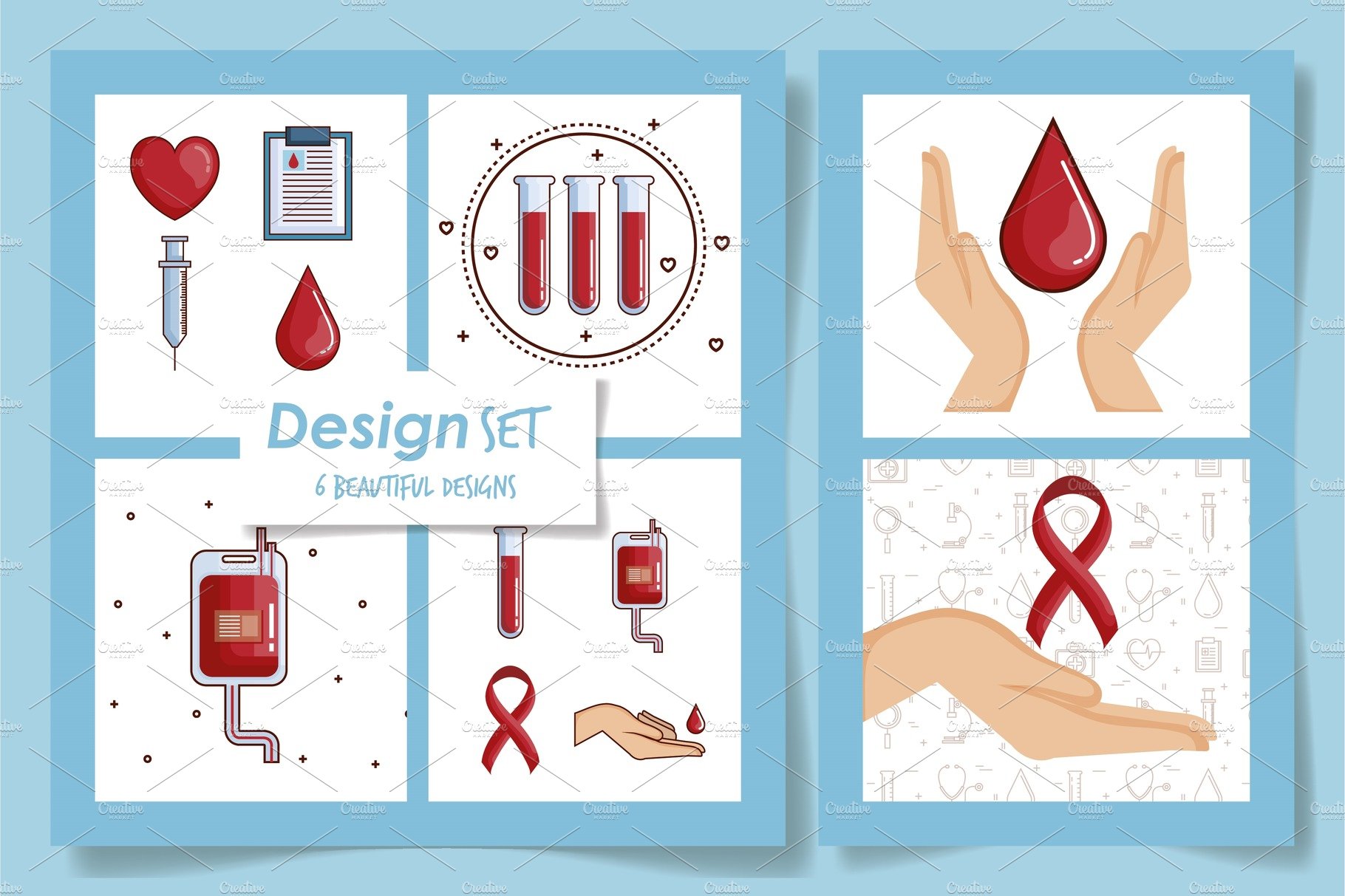 six designs of blood donation and cover image.