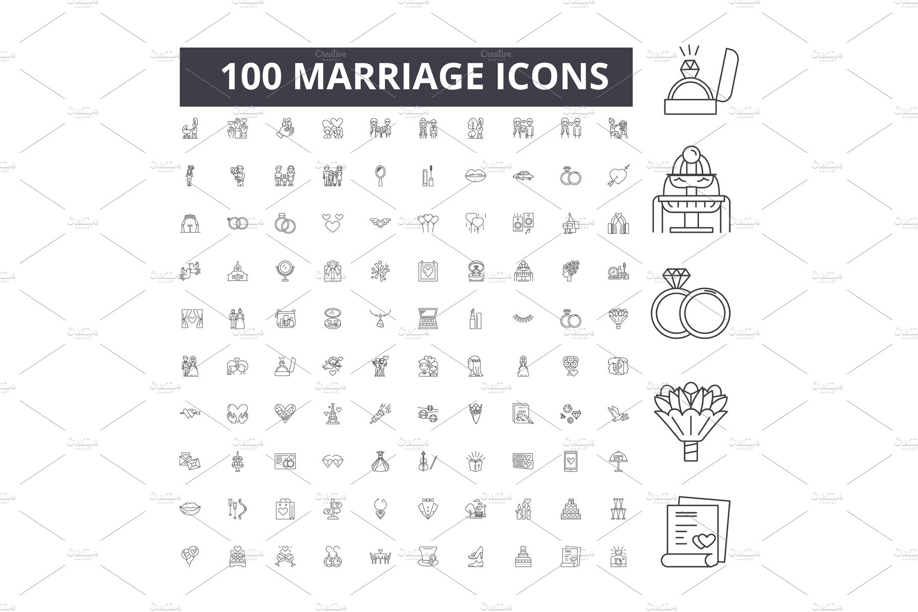 Marriage line icons, signs, vector cover image.