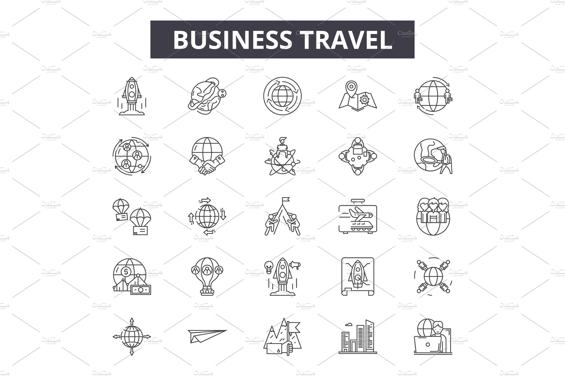 Business travel line icons, signs cover image.