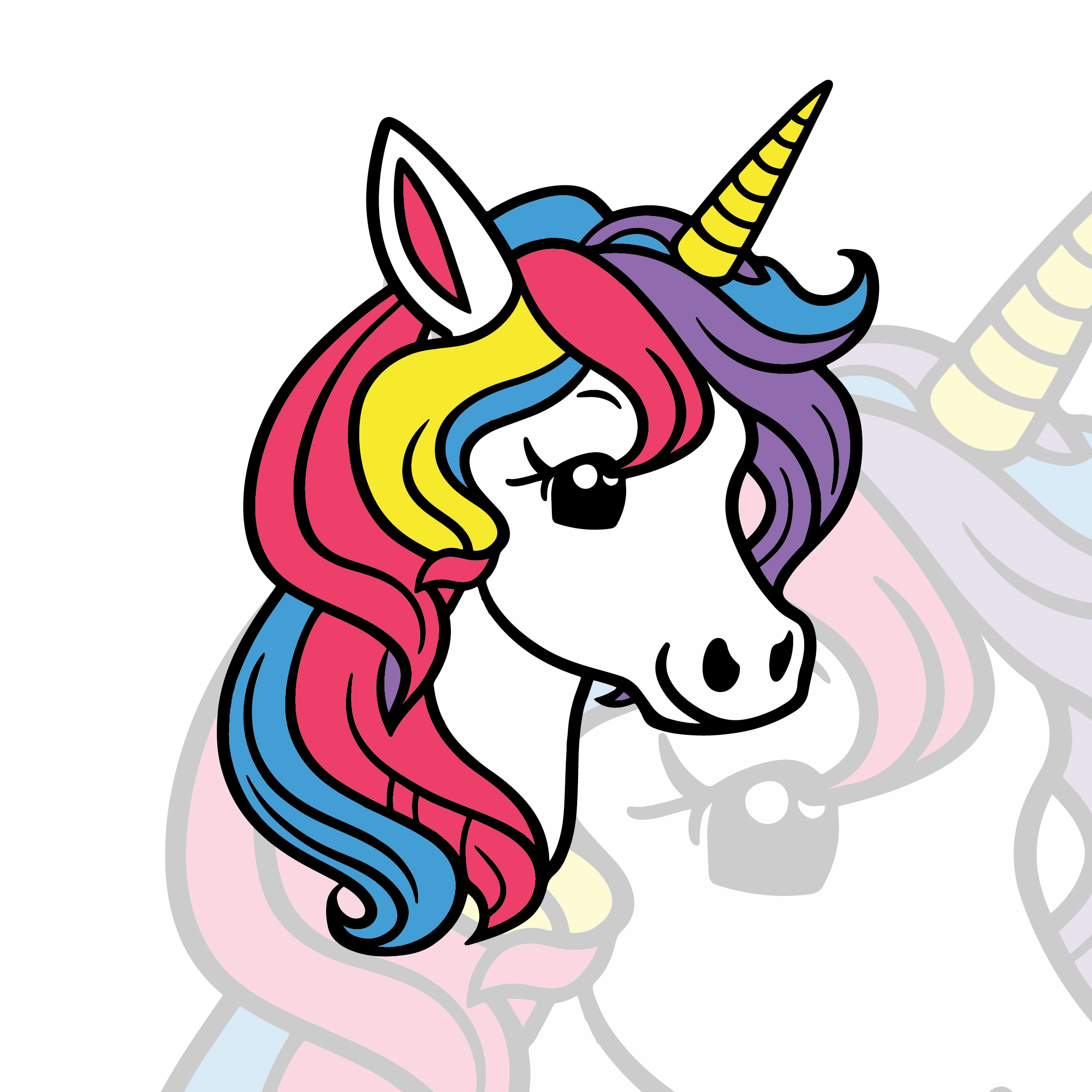 Drawing of a unicorn with a rainbow mane.