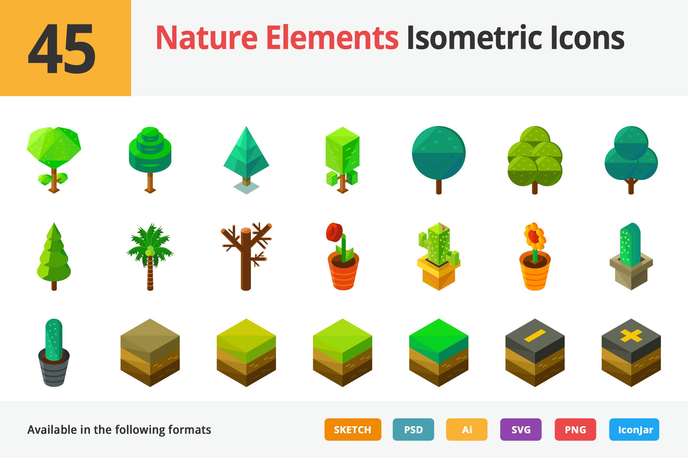 45 Nature Elements Isometric Icons preview image.