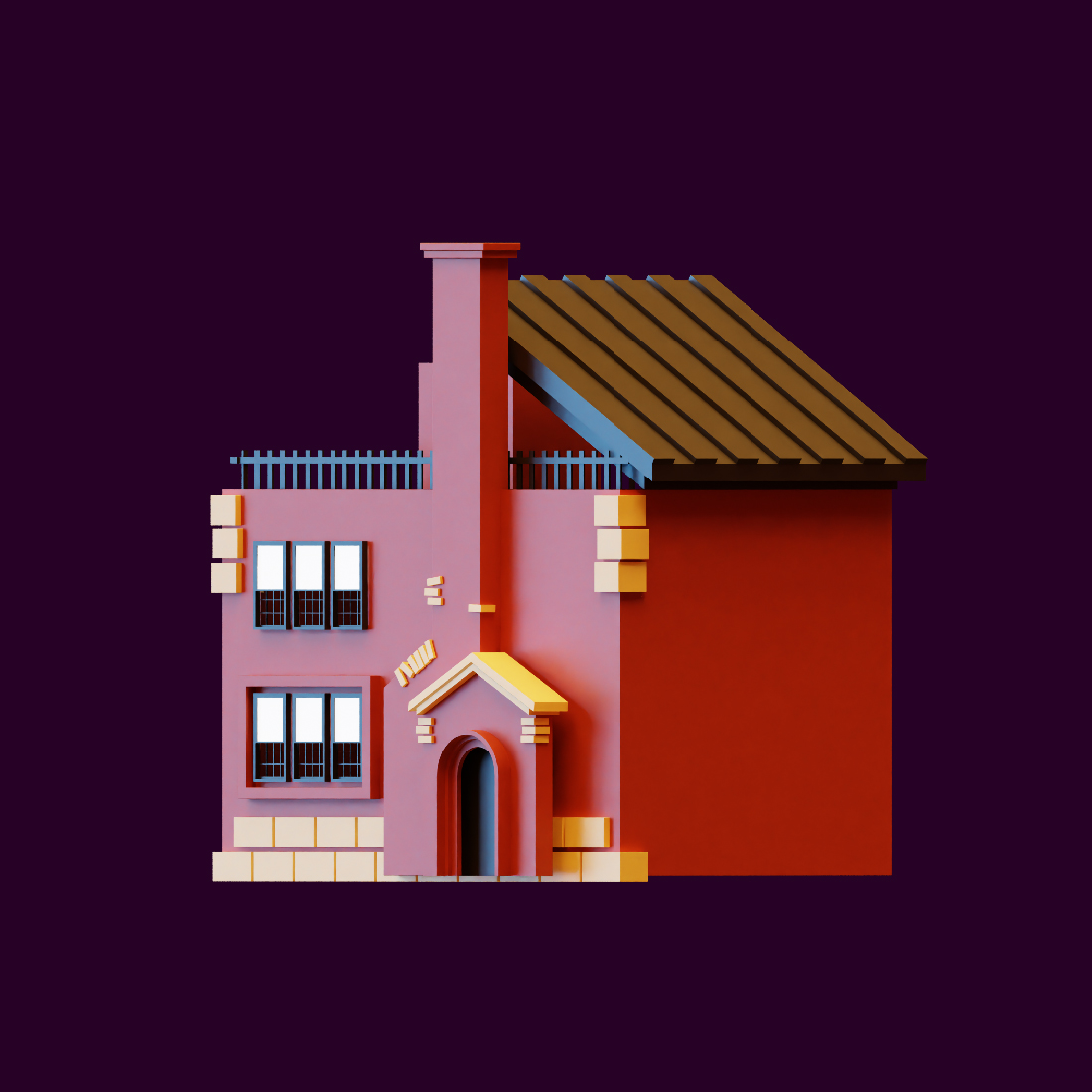 Pink house with a brown roof on a purple background.
