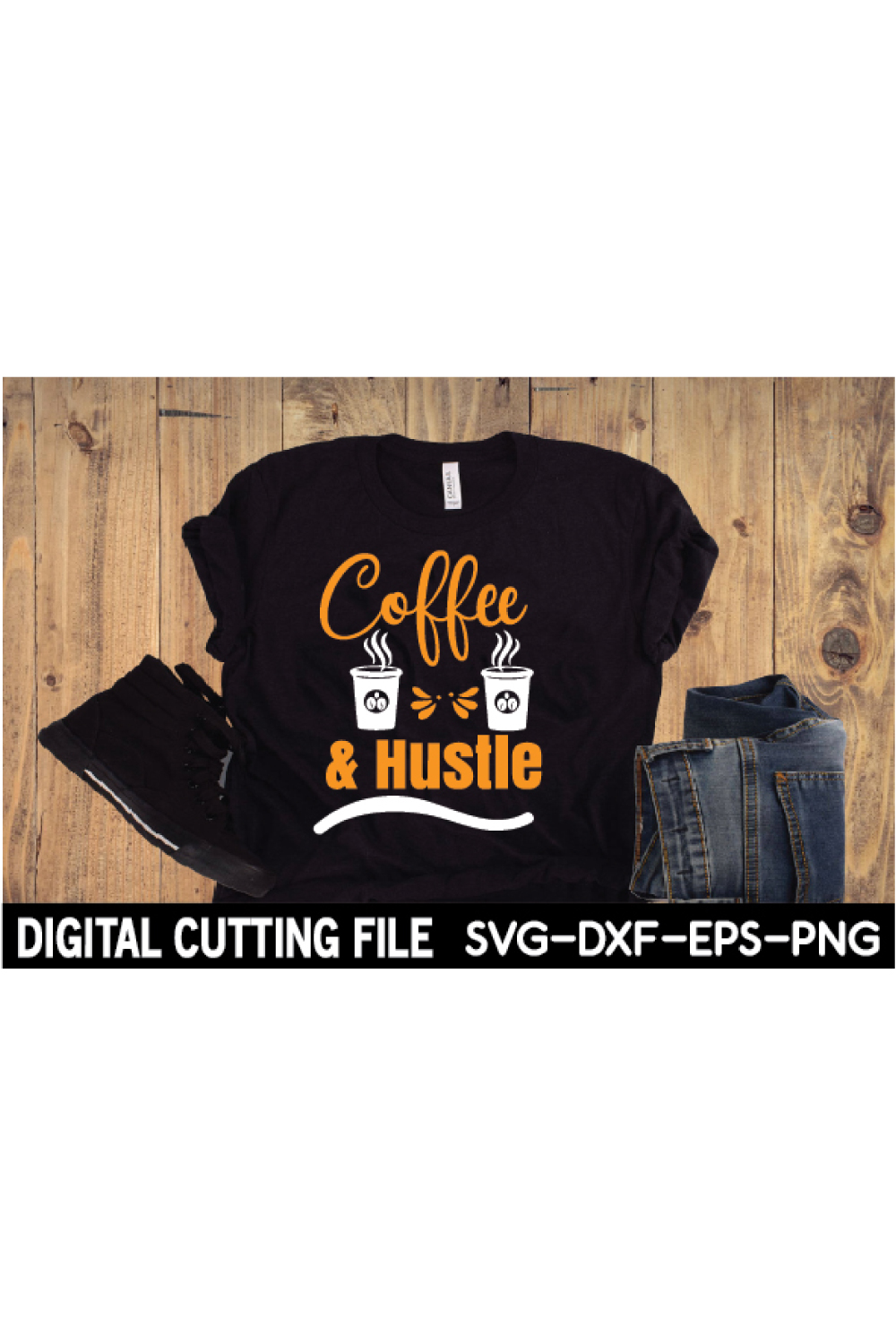 Black shirt with coffee and hustle on it.
