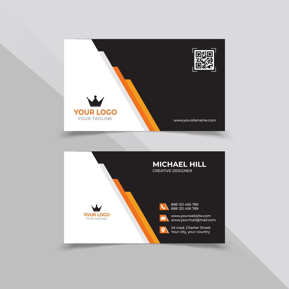 Black and white business card with orange accents.