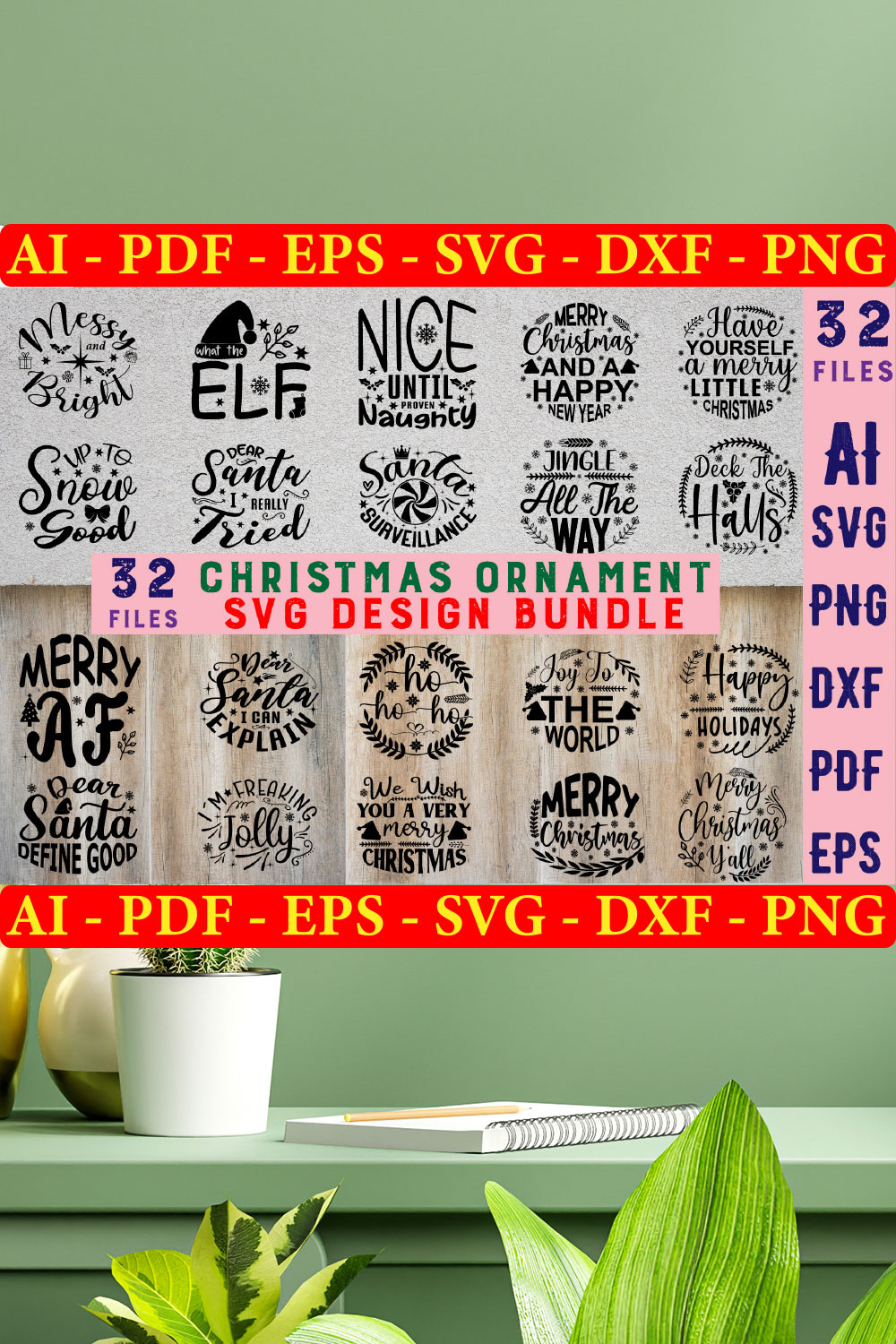 Christmas Ornament SVG Design Bundle pinterest preview image.