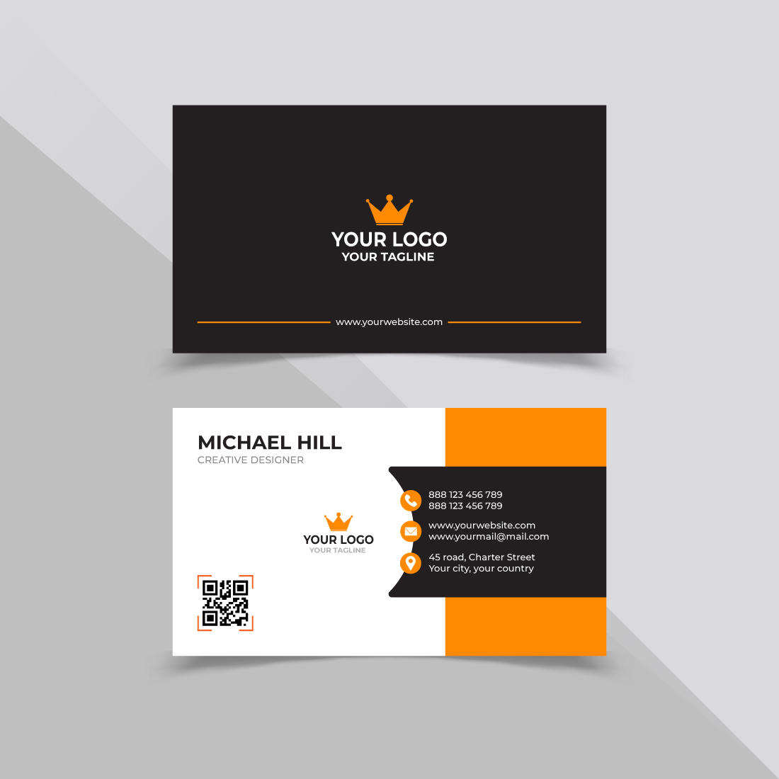 Black and orange business card with a crown on it.