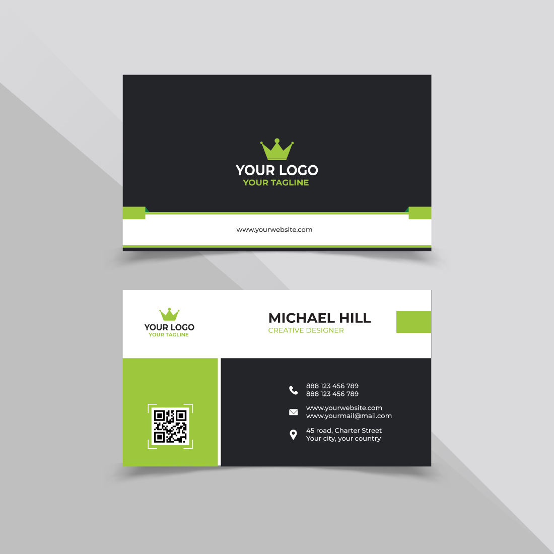 Black and green business card with a crown.