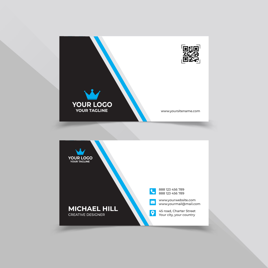 Black and white business card with a blue stripe.