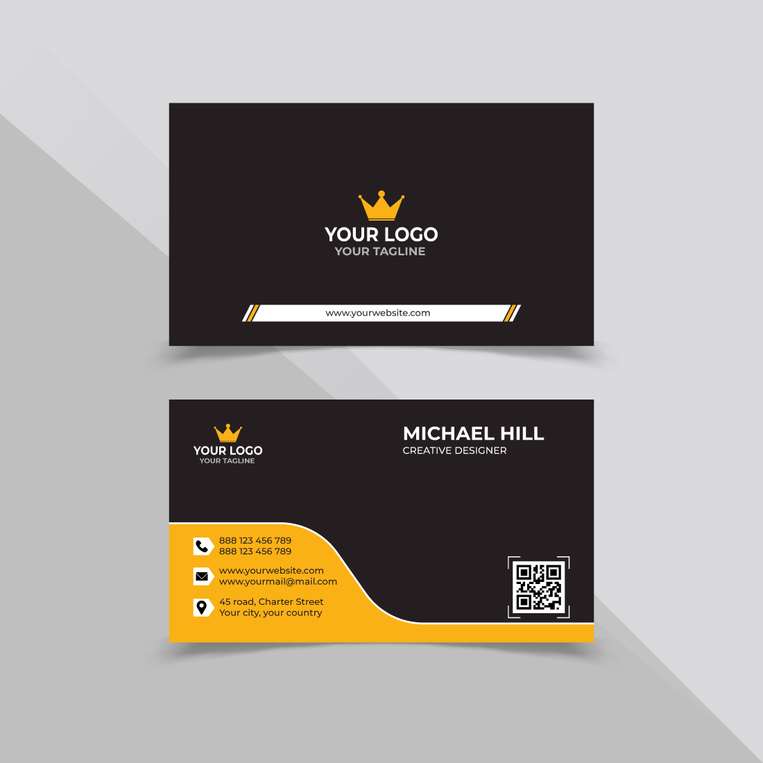 Black and yellow business card with a crown.