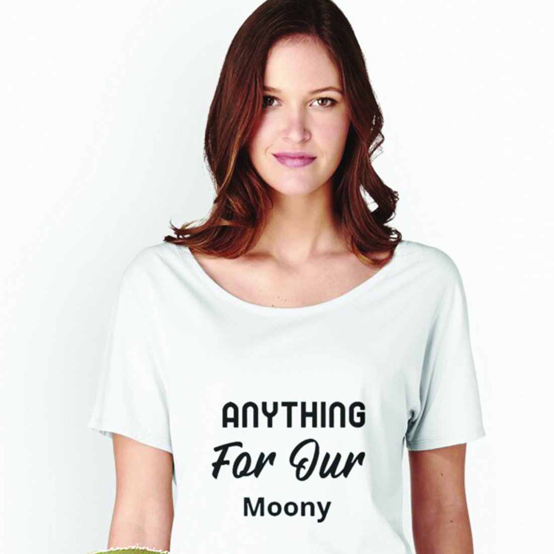 Woman wearing a white shirt that says anything for our moony.