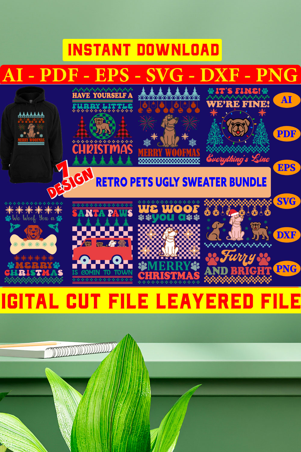 Pets Retro Christmas Sweater Bundle pinterest preview image.
