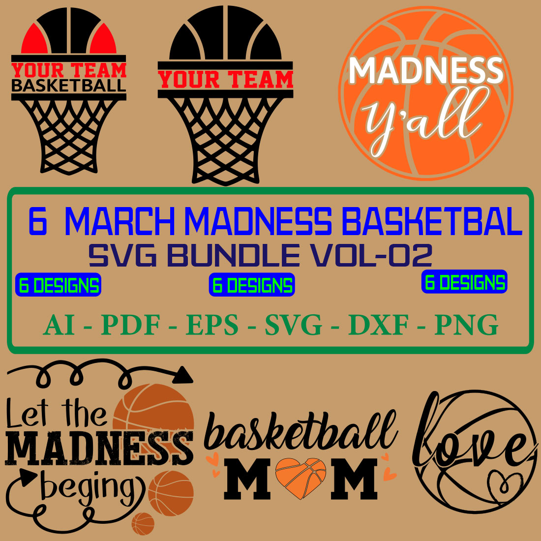 6 March Madness Basketbal SVG Bundle Vol 02 cover image.