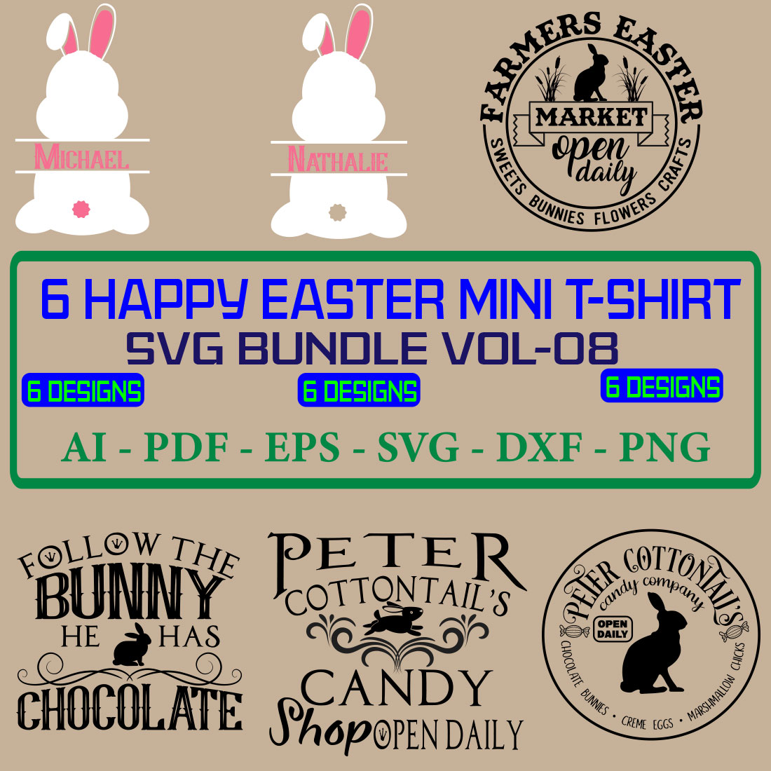 6 Easter Mini T-shirt SVG Bundle Vol 08 cover image.