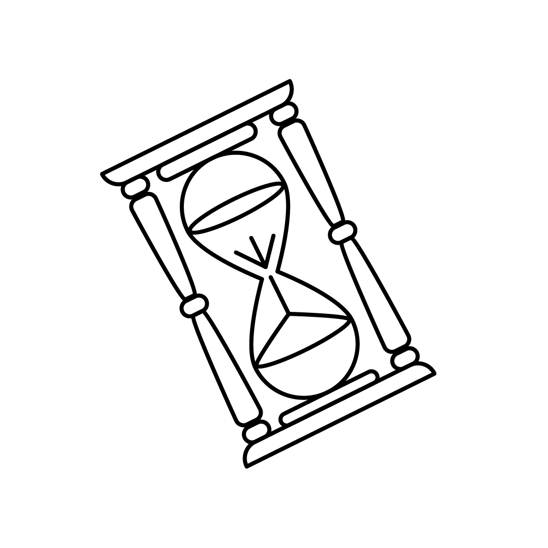 Black and white line drawing of an hourglass.