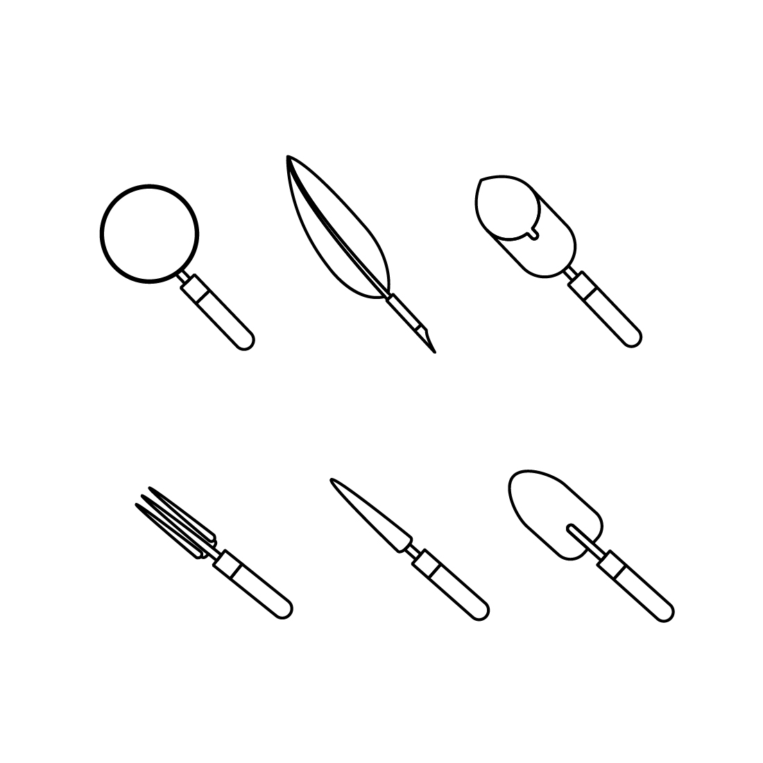 Line drawing of different types of kitchen utensils.