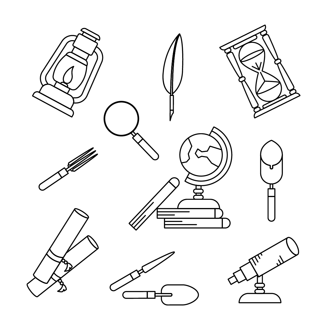 Black and white drawing of different items.
