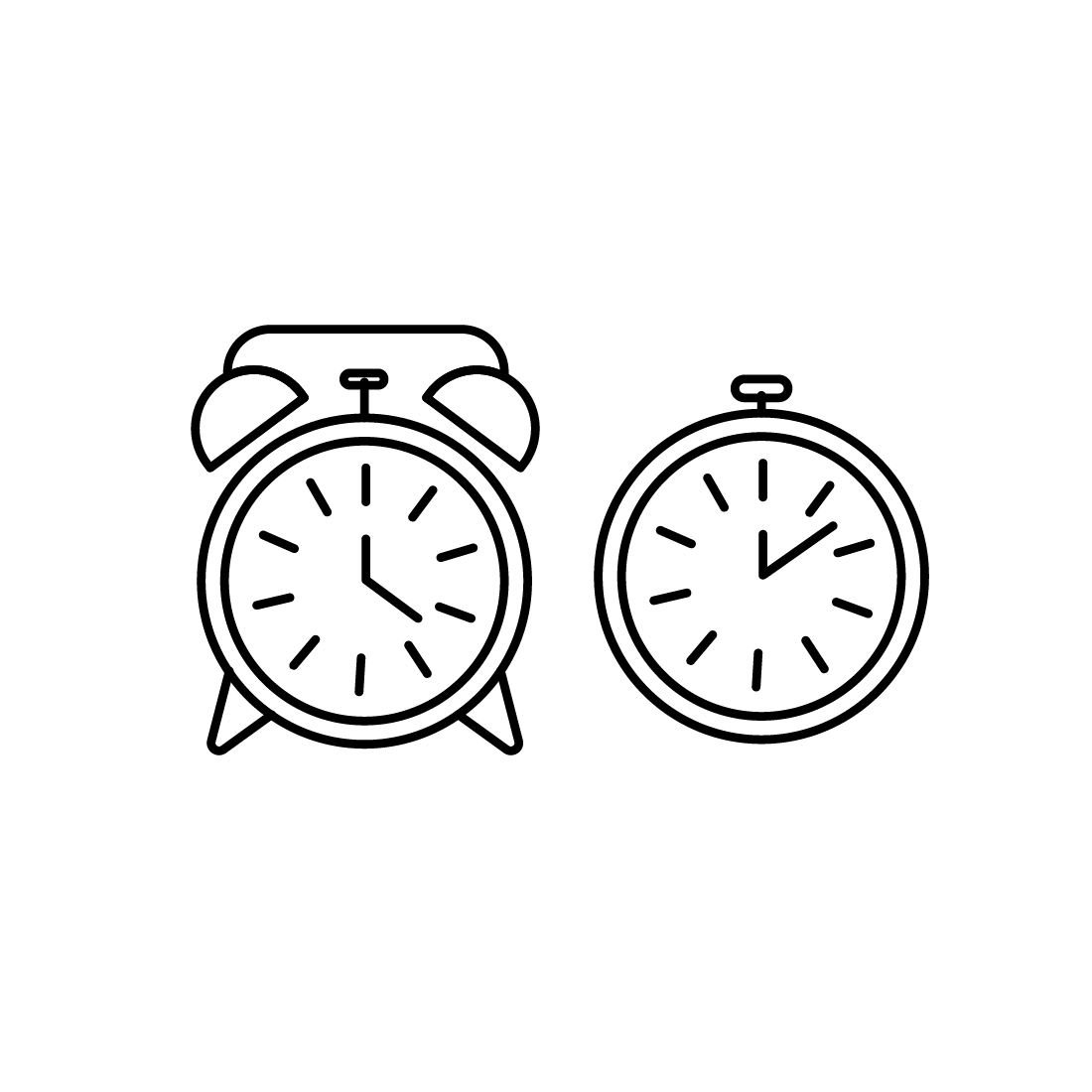 Black and white picture of two alarm clocks.