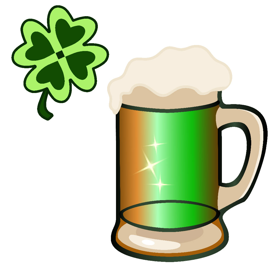 Mug of beer with a shamrock on the side.