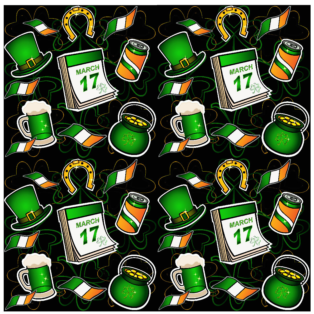 St patrick's day pattern with mugs of beer and shamrocks.