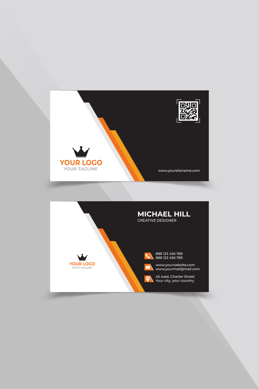 Black and white business card with orange accents.