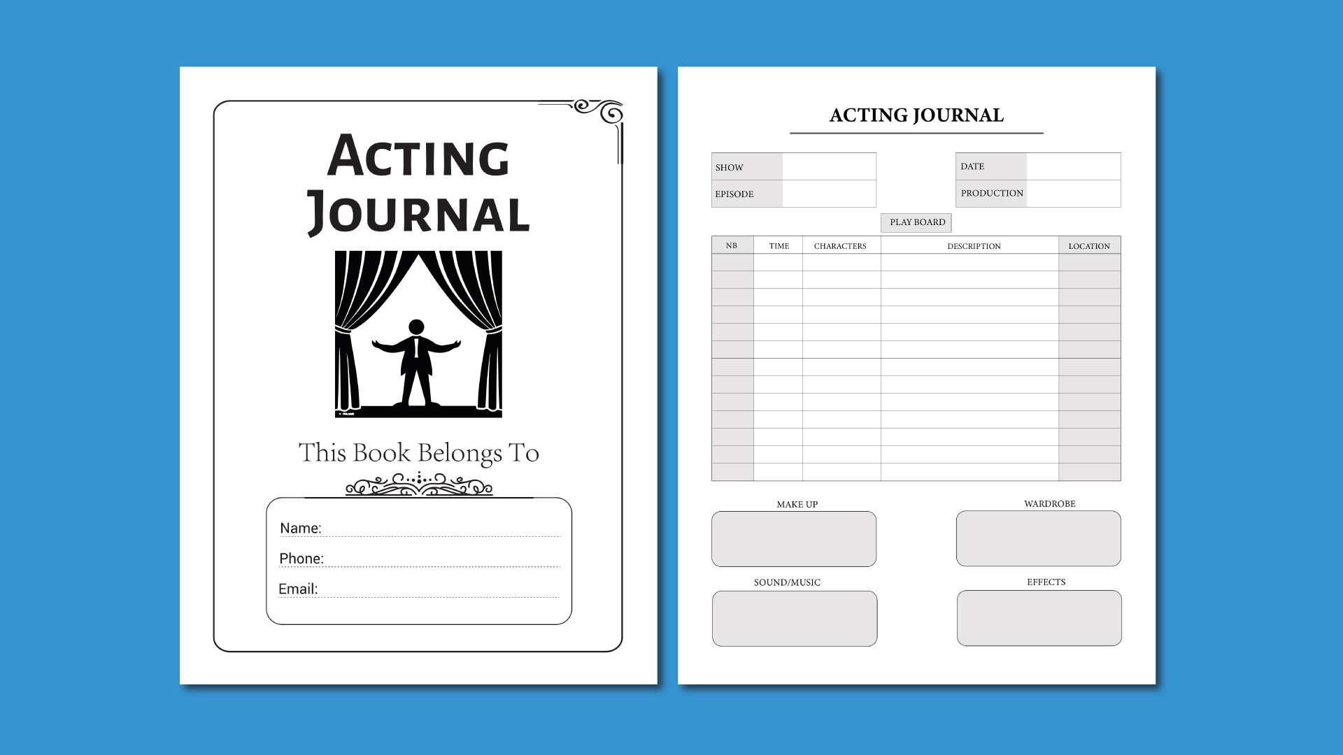 The acting journal is open on a blue background.
