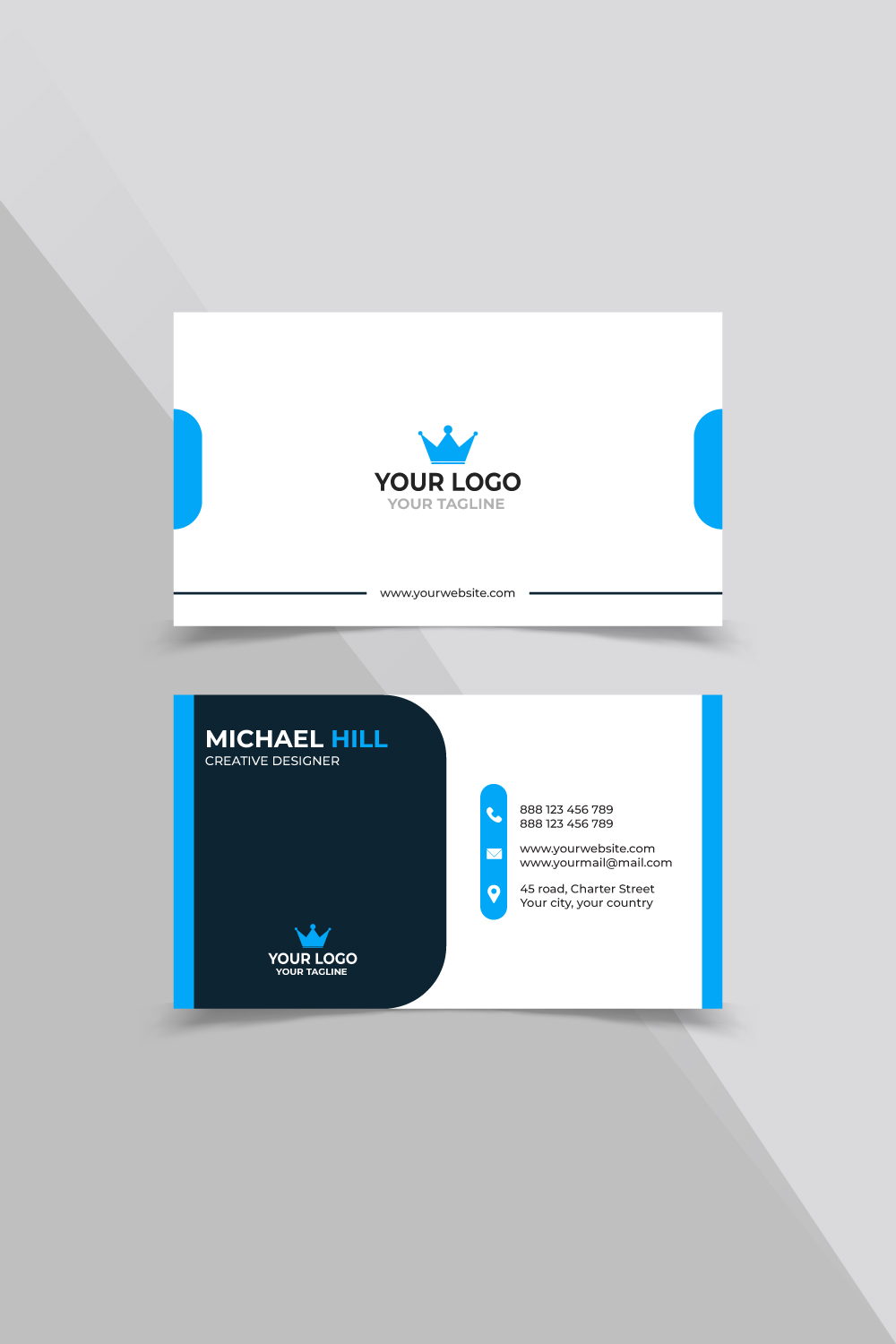 White and blue business card with a blue corner.