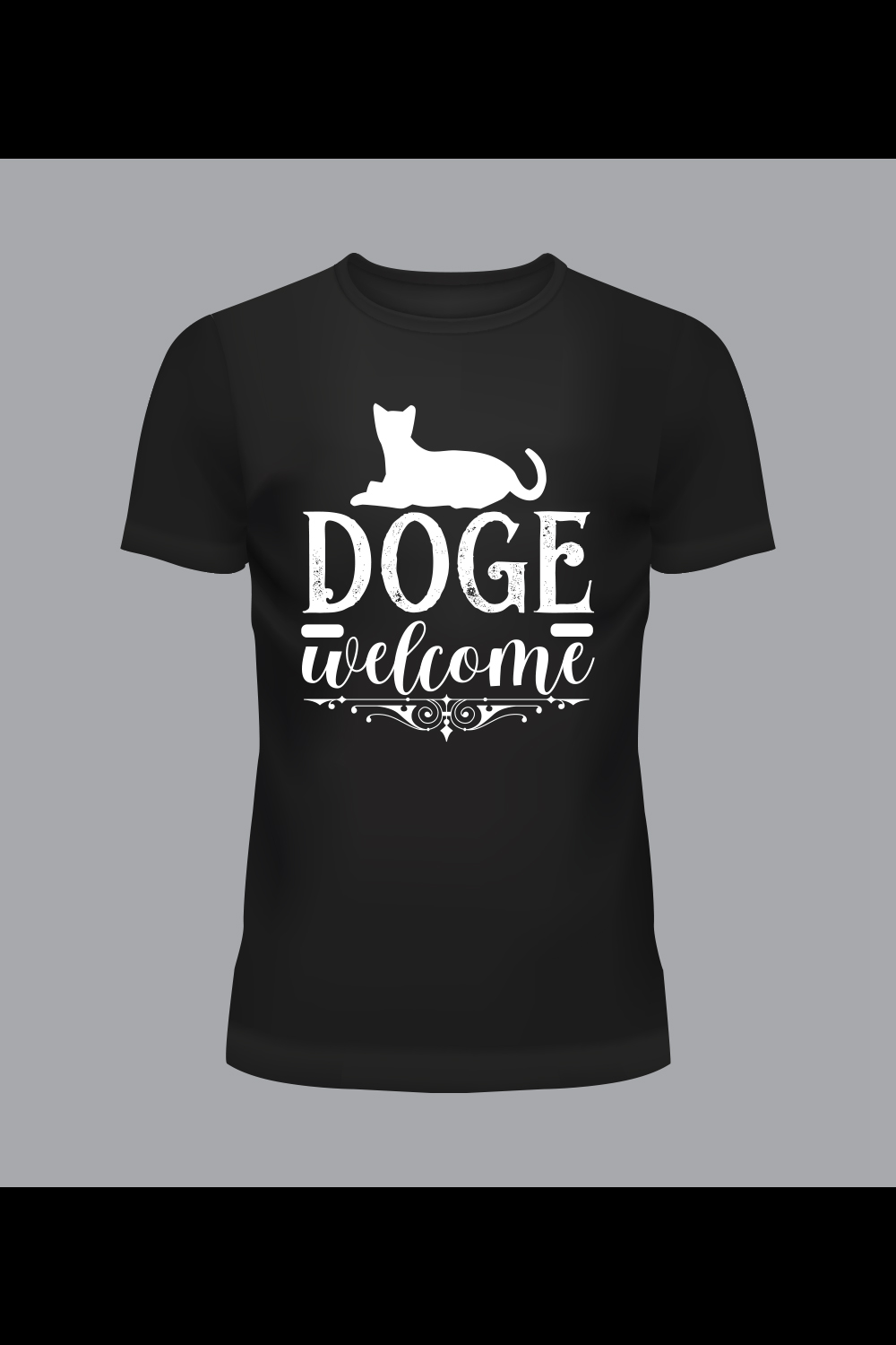 Black t - shirt with the words dog welcome.