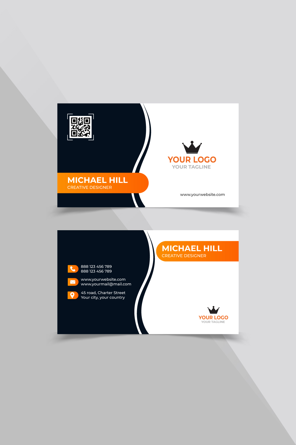 Business card with an orange and black stripe.