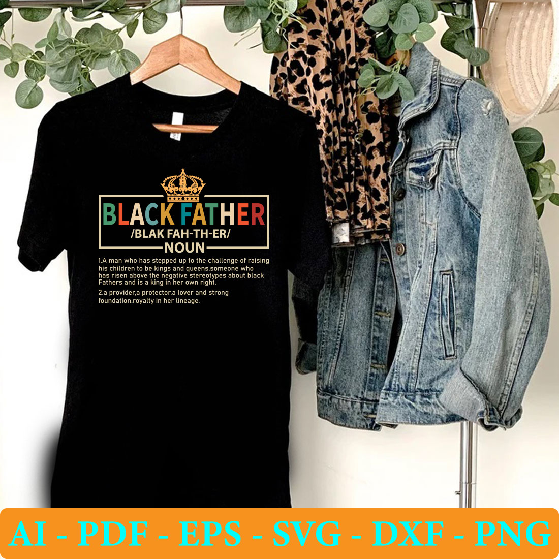 Black father t - shirt hanging on a clothes rack.