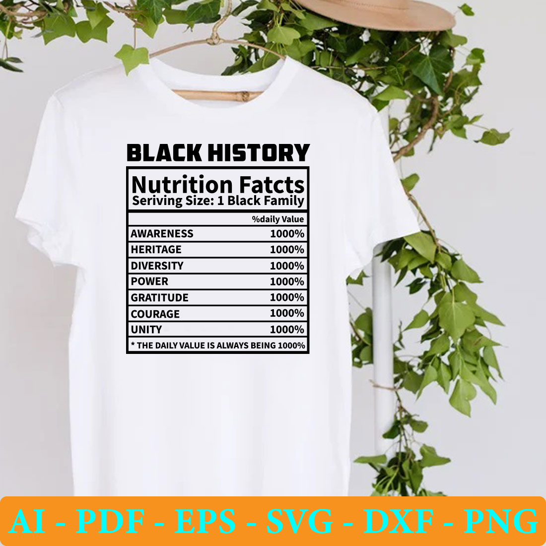 Black history nutrition fact t - shirt on a hanger.