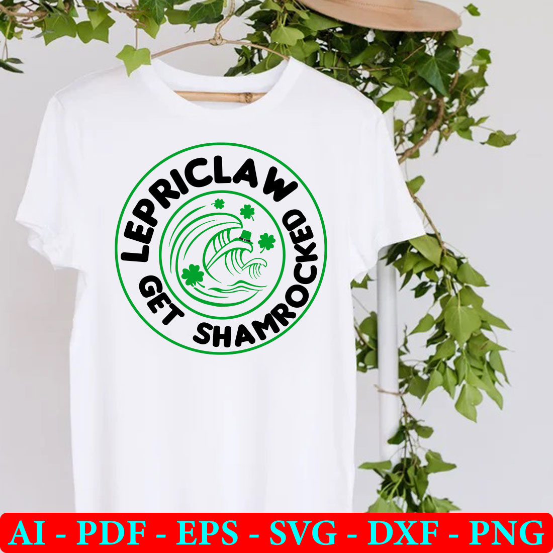 White t - shirt with a green logo on it.