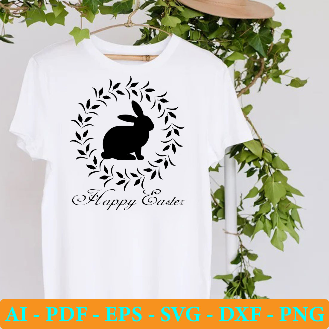 White t - shirt with a black bunny on it.